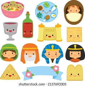 Passover cartoons with kawaii faces. Cute Passover symbols, food and iconic characters from the Seder.  