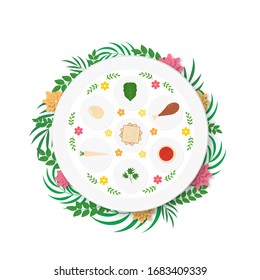 Passover ceder plate with traditional food with flowers and branches. Jewish holiday Easter. Easy to edit vector template for poster, greeting card, banner, invitation, postcard, flyer, sticker, etc.