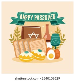 Passover celebration with matzot, eggs, and wine. Christian religious celebration. Passover Day concept. Flat vector illustration.