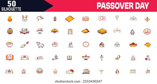 Passover Day Editable Stroke Silhouette Vector,Jewish Passover Plate Illustration, Holiday Background with Symbols, Happy Passover Day for Web and Print Design