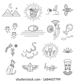 Passover design elements. Egypt  graphic line icons set and symbols for the holiday. Editable vector illustration file. Editable stroke.