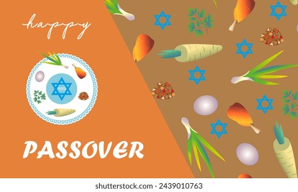Passover. A dish with traditional treats and food patterns. A plate of Seder with food. Traditional plate of food in Judaica Pesah. Layout of booklet, invitation, flyer, greeting card, banner.