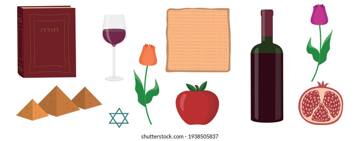Passover elements set. Jewish Easter. Wine, glass, pyramids, Torah, pomegranate, apple, tulips. On an isolated white background. Vector illustration