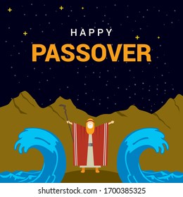 Passover Exodus from Egypt Hebrew: "Happy Passover!" Pesach Jewish Holiday poster. Moses parting the Red Sea, Israelites cross on dry ground, waves sky, Moses said, let my people go! desain concep art