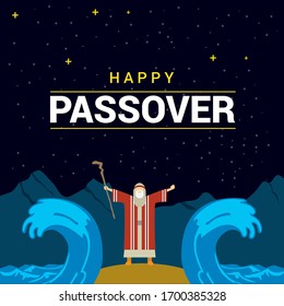 Passover Exodus from Egypt Hebrew: "Happy Passover!" Pesach Jewish Holiday poster. Moses parting the Red Sea, Israelites cross on dry ground, waves sky, Moses said, let my people go! desain concep art