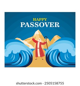 Passover Exodus from Egypt Hebrew Happy Passover Poster Jewish Holiday Pesach. Moses parted the Red Sea. flat vector modern illustration 