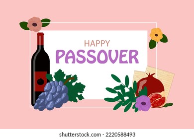 Passover frame for your design with matzah and spring flowers. Happy Passover inscription. Jewish holiday background.