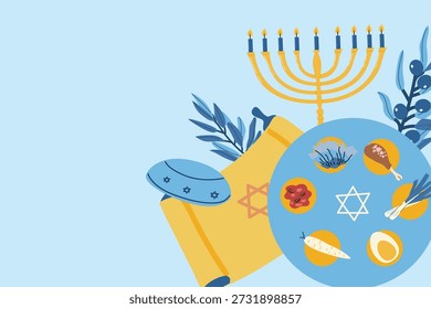Fondo de saludo de Pascua con plato de séder, menorá y aceitunas, toro. Ilustración plana de dibujos animados de Vector con lugar vacío para texto. Feliz Pascua.