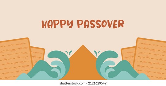 Passover greeting banner with the Egyptian pyramids and splitting sea and matza bread. Holiday Jewish exodus from Egypt. Pesach template for your design. Vector illustration