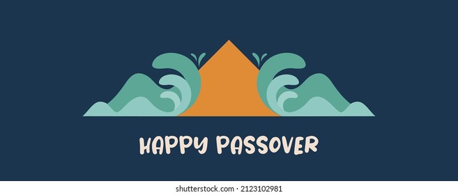 Passover greeting banner with the Egyptian pyramids and splitting sea and matza bread. Holiday Jewish exodus from Egypt. Pesach template for your design. Vector illustration