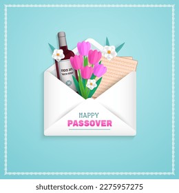 Passover greeting card or banner. Holiday symbols matzah, wine and spring flowers. Happy Passover in Hebrew. Vector Illustration.