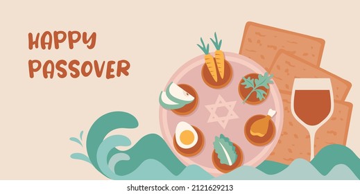 Passover greeting card and banner. Seder pesach invitation, greeting card template or holiday flyer. happy Passover in English and Hebrew. vector illustration