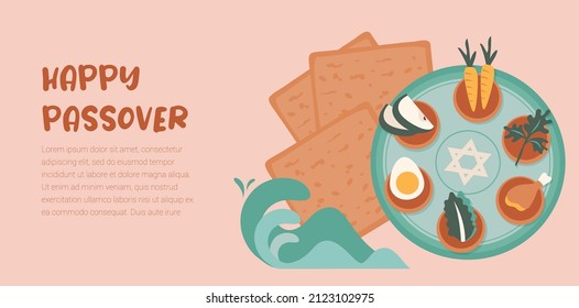 Passover greeting card and banner. Seder pesach invitation, greeting card template or holiday flyer. happy Passover in English and Hebrew. vector illustration