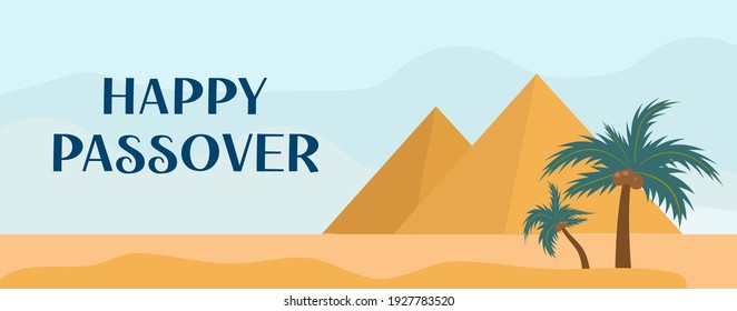 Passover greeting card with the Egyptian pyramids. Holiday Jewish exodus from Egypt. Pesach template for your design. Vector illustration