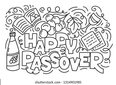 Passover greeting card (Jewish holiday Pesach). Hebrew text: happy Passover. Black and white vector illustration doodle style. Isolated on white background. Coloring book page