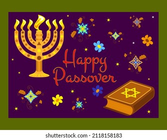 Passover Greeting Card With Menorah, Torah And Graphic Elements On Dark Background