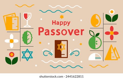 Passover greeting card in minimalistic style. Jewish holiday. Passover template for your design with matzah, wine bottle, glass, torah. Vector illustration