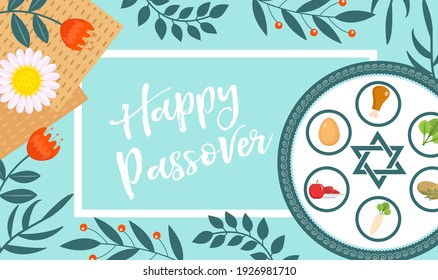 Tarjeta de saludo de la Pascua, afiche, invitación, volante. Planilla para tu diseño con matzah y flores de primavera. Inscripción feliz de la Pascua. Antecedentes de la festividad judía. Ilustración del vector