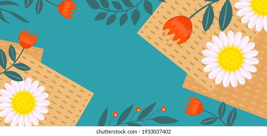 Passover greeting card, poster, invitation, flyer. Pesach template for your design with matzah and spring flowers. Jewish holiday background. Vector illustration.