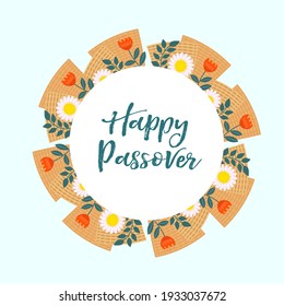 Passover greeting card, poster, invitation, flyer. Pesach template for your design with matzah and spring flowers. Happy Passover inscription. Jewish holiday background. Vector illustration