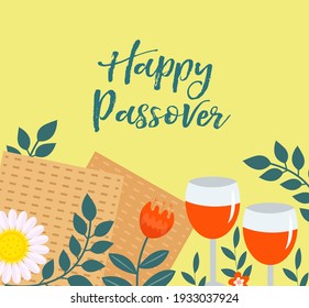 Passover greeting card, poster, invitation, flyer. Pesach template for your design with matzah and spring flowers. Happy Passover inscription. Jewish holiday background. Vector illustration