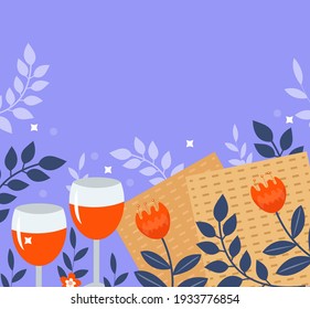Passover greeting card, poster, invitation, flyer. Pesach template for your design with matzah and spring flowers. Jewish holiday background. Vector illustration