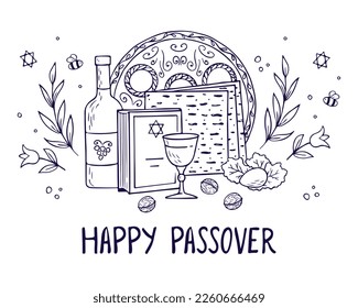 Passover greeting card, poster, invitation. Jewish holiday. Passover template for your design with matzah, wine bottle, glass, torah and spring flowers. Happy Passover inscription. Vector 