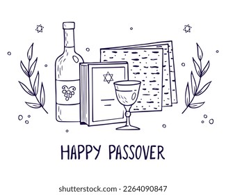 Passover greeting card, poster. Jewish holiday. Passover template for your design with matzah, wine bottle, glass, torah. Happy Passover inscription. Vector