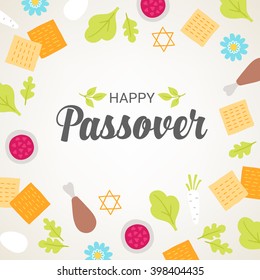 Passover greeting card with seder plate food, flowers and Jewish stars on light background. Matzo, egg, horseradish, meat, parsley. Vector illustration.