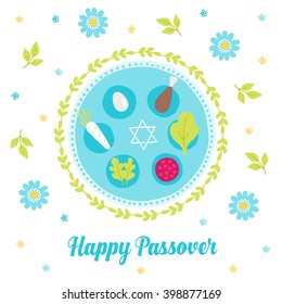 Passover greeting card with seder plate, wreath, branches, Jewish star and flowers. Egg, bone, horseradish, parsley. Pesach tradition symbols. Vector illustration 