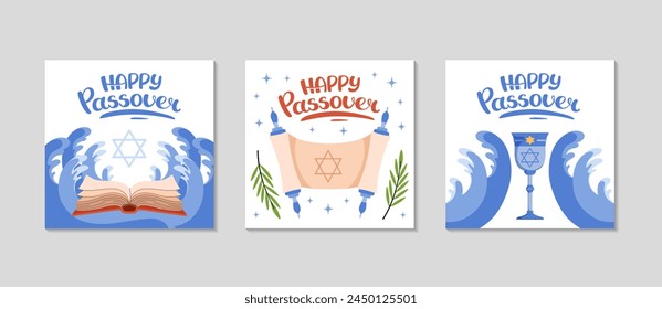 Passover greeting card set. Festive post background for Social media. Festive square Invitation template set. Cup, wave red sea, torus. Jewish Easter celebration concept. Vector flat illustration.