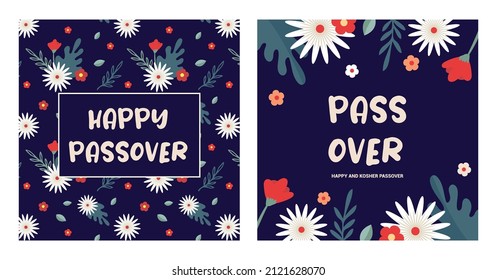 passover greeting card set and pattern. Jewish holiday. Pesach patterns for templates, invitations and design with spring flowers. vector illustration