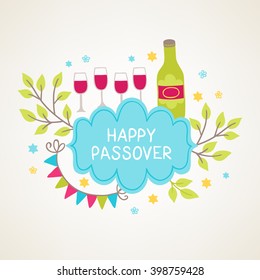 Passover greeting card with wine bottle, garland, branches, wine glasses, flowers, label and Jewish star. Pesach tradition symbols. Vector illustration 