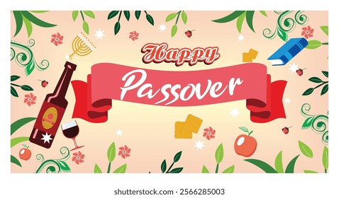 Passover greeting featuring traditional elements like wine, a menorah, and decorative leaves, enhancing the festive and religious atmosphere of this celebration. Flat vector modern illustration 