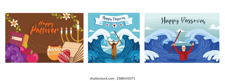 Passover greetings for Christians. The belief of Israel's male human leaders. Moses parted the Red Sea. Passover Day concept. Set flat vector illustration.