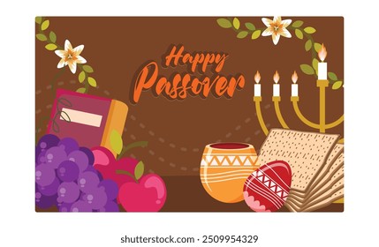 Passover greetings for Christians. Celebrate Passover with holy books, fruit, eggs, matzah and candles. Passover Day concept. Flat vector illustration.