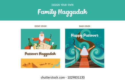 Passover Haggadah design template- Haggadah book covers. The story of Jews exodus from Egypt. traditional icons and desert Egypt scene. Make your family Haggadah and place your photo