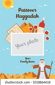 Passover Haggadah design template. The story of  Jews exodus from Egypt. traditional icons and desert Egypt scene.  