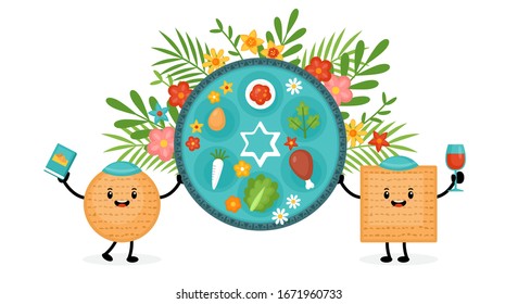 Passover holiday banner design with matzah funny cartoon characters and traditional seder plate. Vector illustration