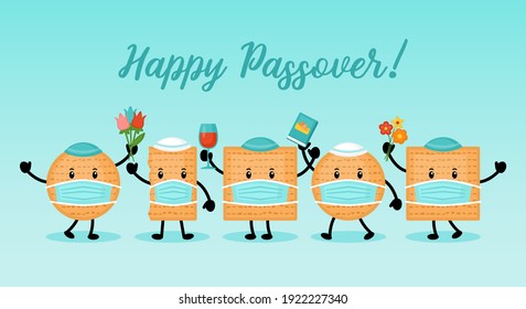 Passover holiday banner design with matzah funny cartoon characters with face medical mask