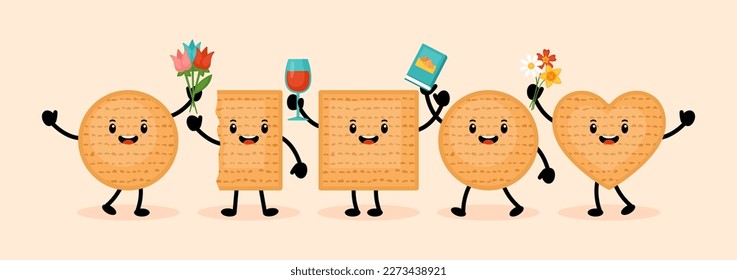 Passover holiday banner design with matzah funny cartoon characters. Vector illustration