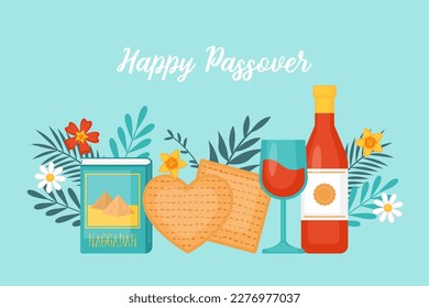 Passover holiday banner design with matzah, wine and spring flowers. Vector illustration