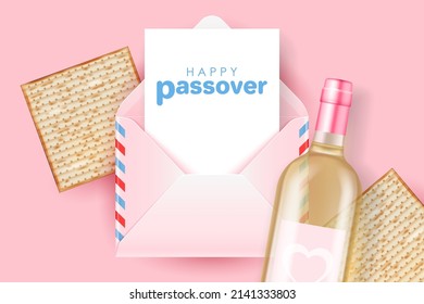 Passover holiday concept with envelope, matzah and wine bottle. Modern holiday template for web banner, greeting card, advertising sale poster