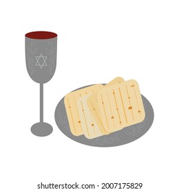 Passover holiday concept with matza and wine with silver goblet .  vector illustration