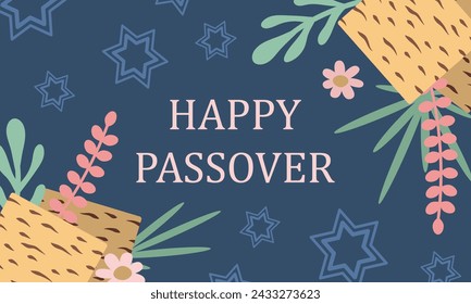 Passover holiday concept. Matzo, flowers, plants, star of David. Vector illustration for your design