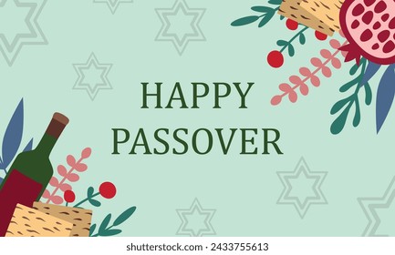 Passover holiday concept. Matzo, wine, plants, star of David. Vector illustration for your design