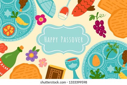 Passover holiday cute banner design with traditional seder plate, matzo and wine. Childish print for cards, invitations and stickers.