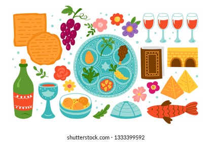 Passover holiday cute elements set. Childish print for cards, invitations and stickers.