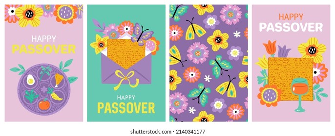 Bonito juego de tarjetas de felicitación de vacaciones de pascua. Impresión infantil para tarjetas Pesach, afiche, pancarta y fondo