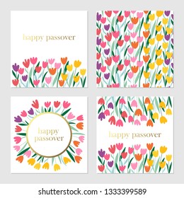 Passover holiday cute greeting cards set with spring flowers background. Springtime concept. Childish print for cards, invitations and banners.